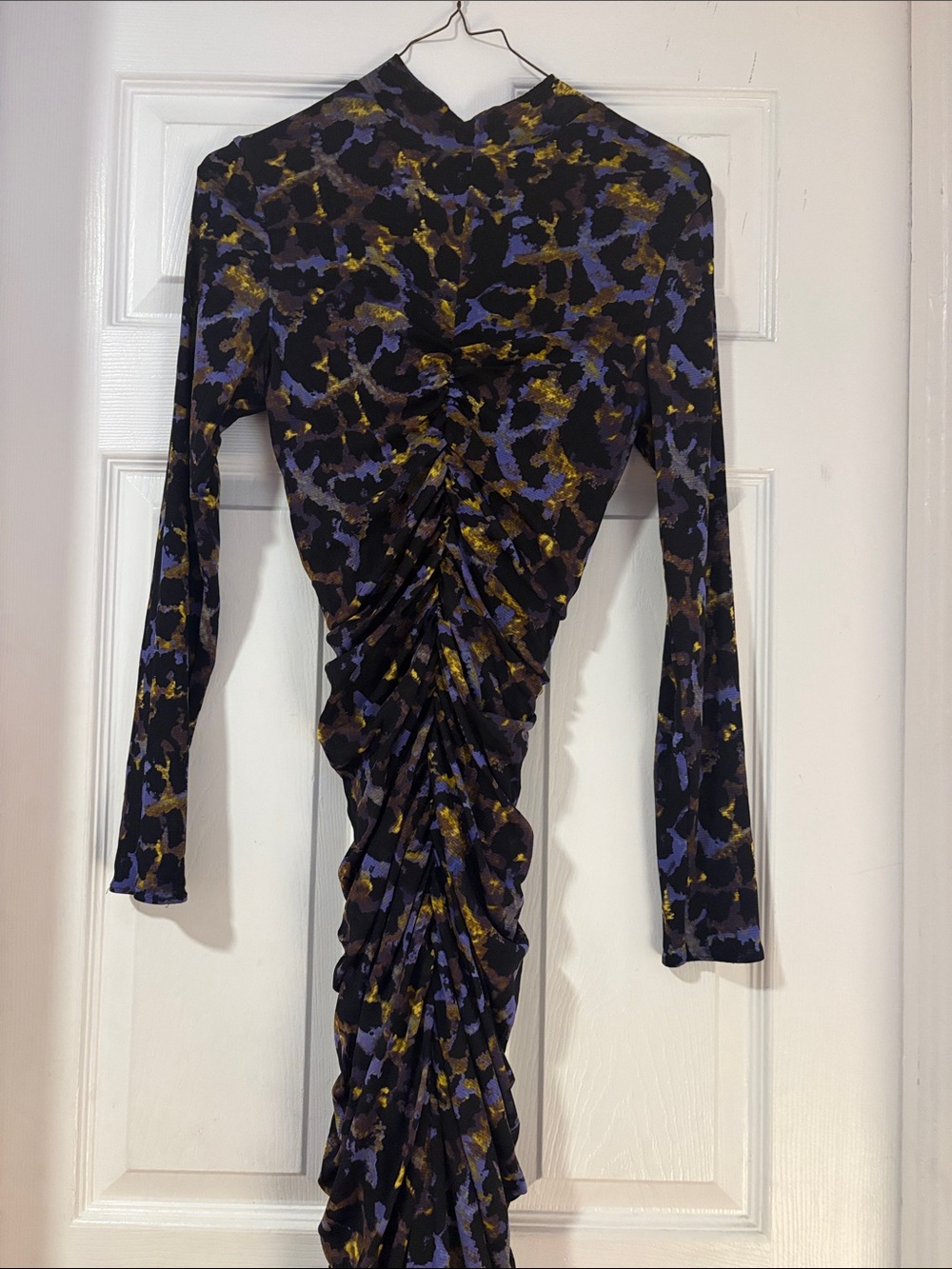 Blue Floral Ruched Long-Sleeve Dress - DVF - reversible! Leopard abstract print - Picture 5 of 6